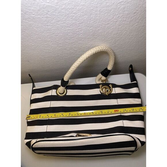 Michael Kors Marina Black White Striped Canvas Anchor Tote Shoulder Bag - Picture 13 of 16